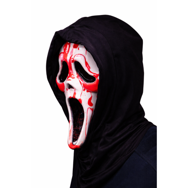 Bloedend Ghost Face Masker met Capuchon + Pomp en Nepbloed Officiele Licentie