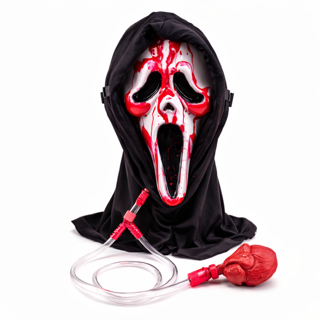 Bloedend Ghost Face Masker met Capuchon + Pomp en Nepbloed Officiele Licentie