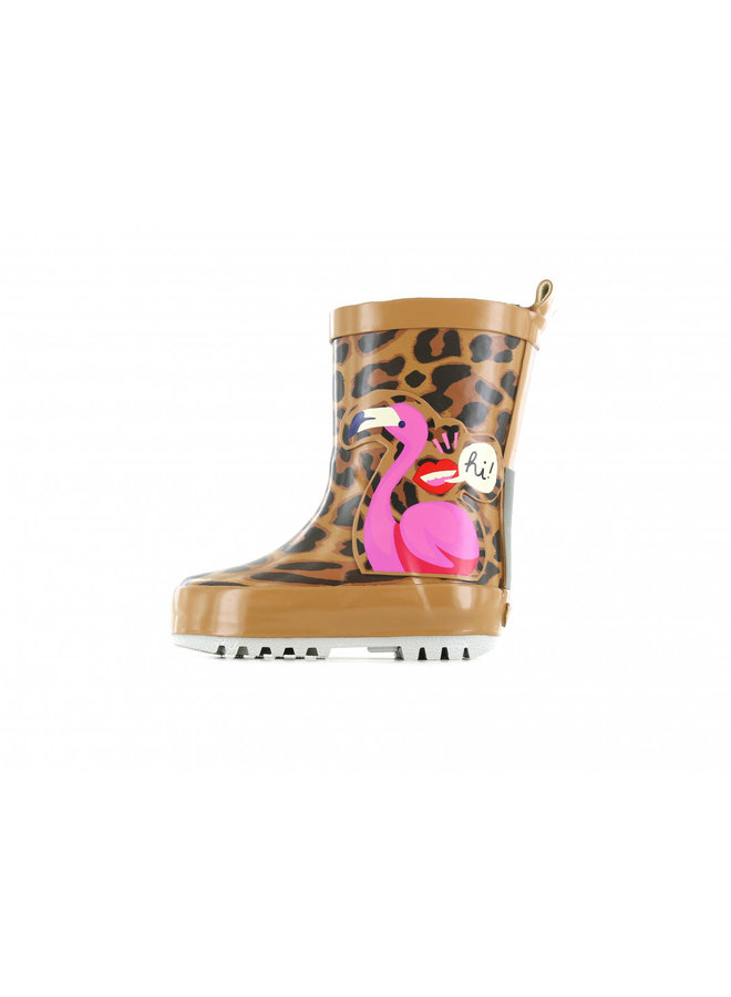 Go Bananas rain boot with leopard and flamingo print