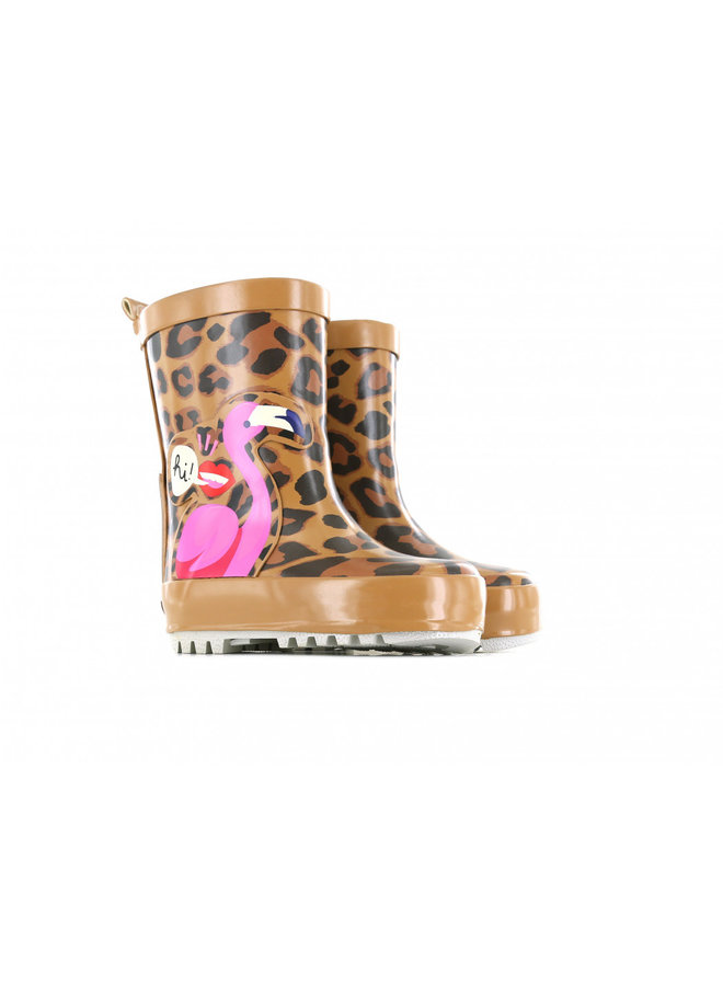 Go Bananas rain boot with leopard and flamingo print