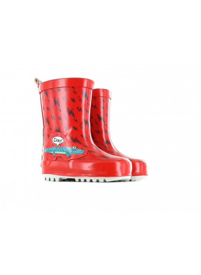 Go Bananas red rain boot with alligator and lightning print