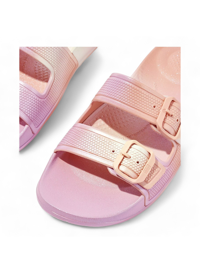 FitFlop IQushion Iridescant Two-Bar Buckle Slides Urban White