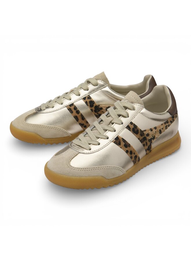 Gola CLB856YZ Women's Torpedo Glimmer Safari Trainer Gold/ Leopard/ Dark Brown