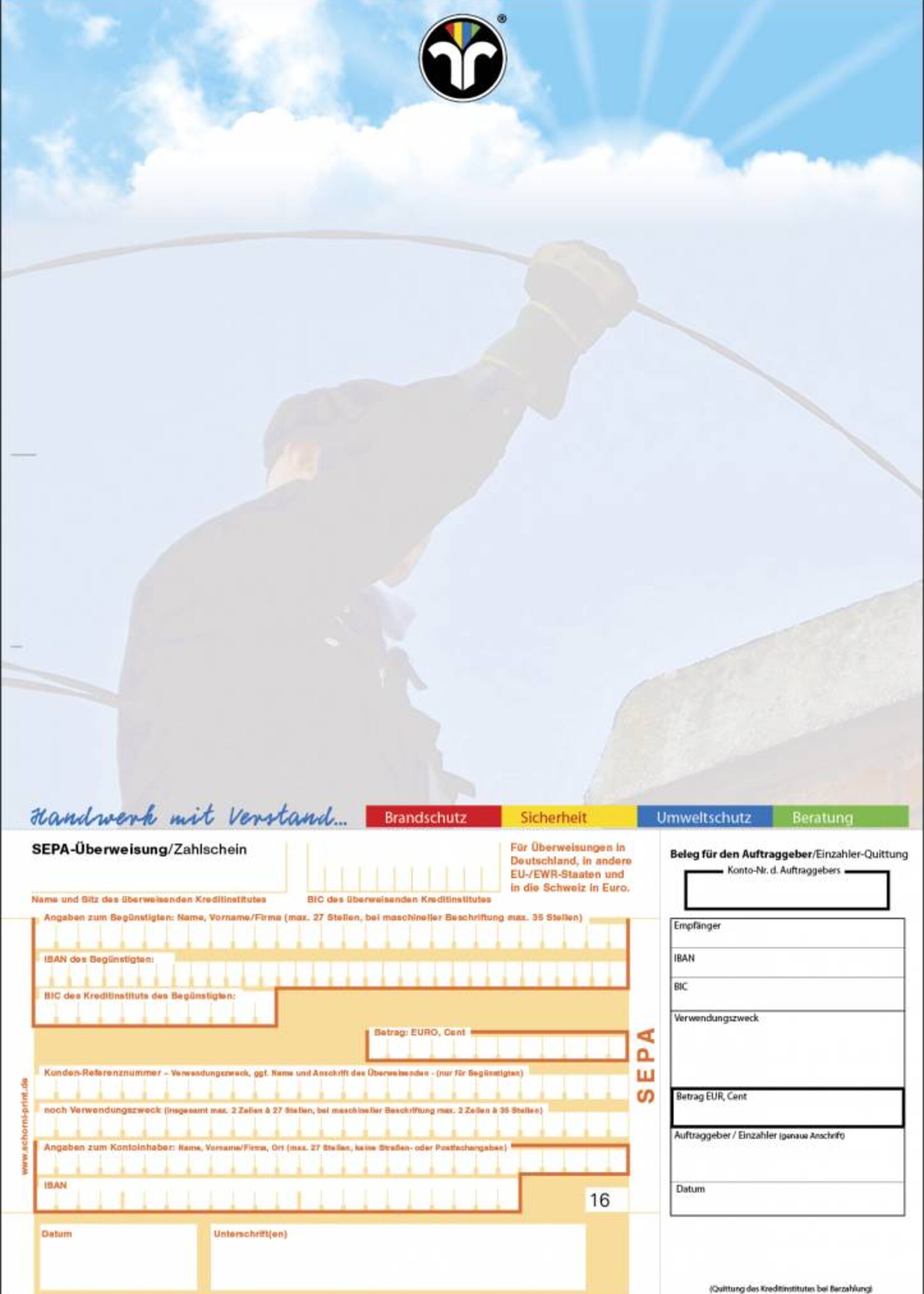Zahlschein Motiv "Schornsteinfeger" SEPA – Logo mittig 1-seitig