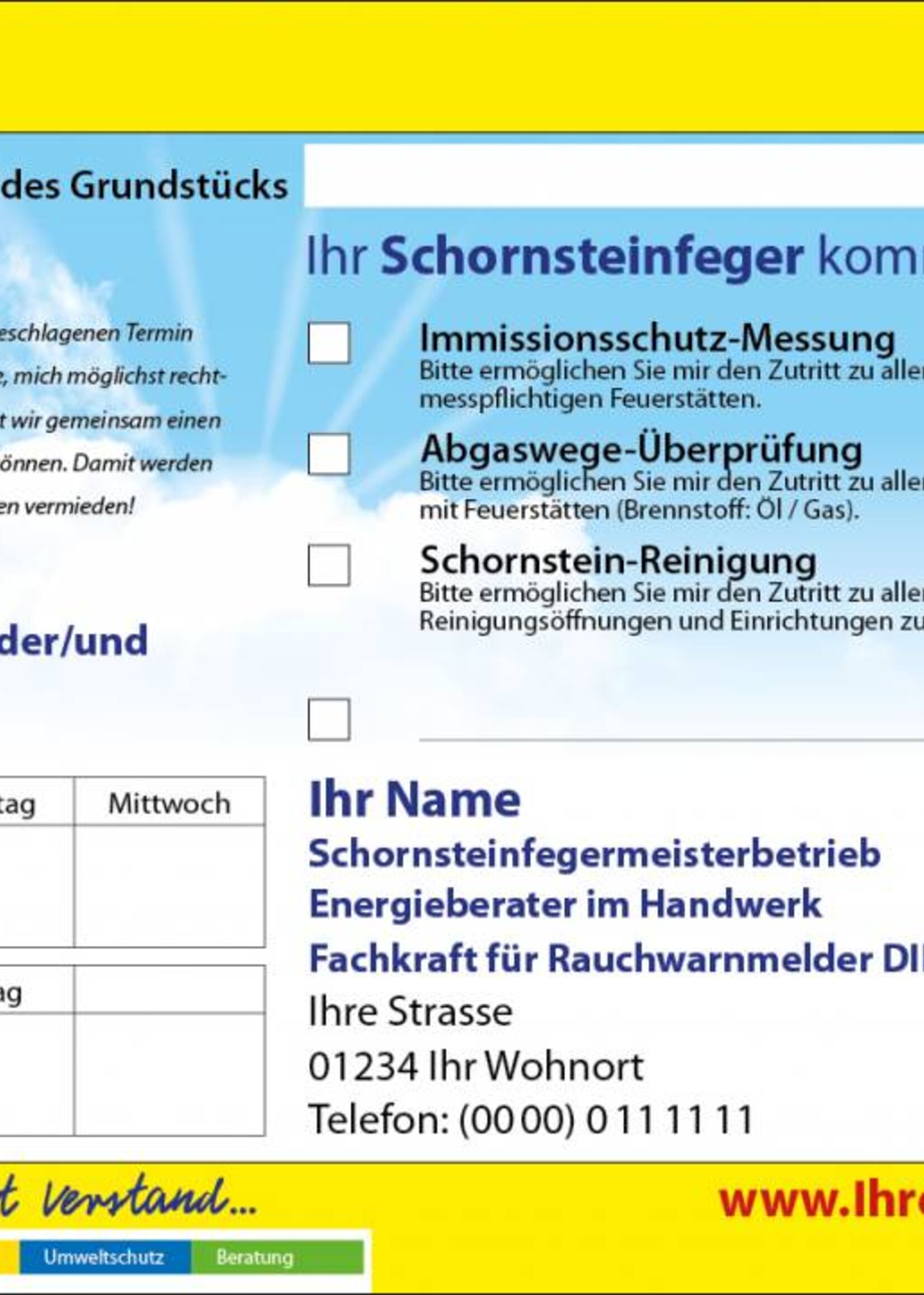 Anmeldezettel gelb A5 quer - Schornsteinfeger / Kaminkehrer