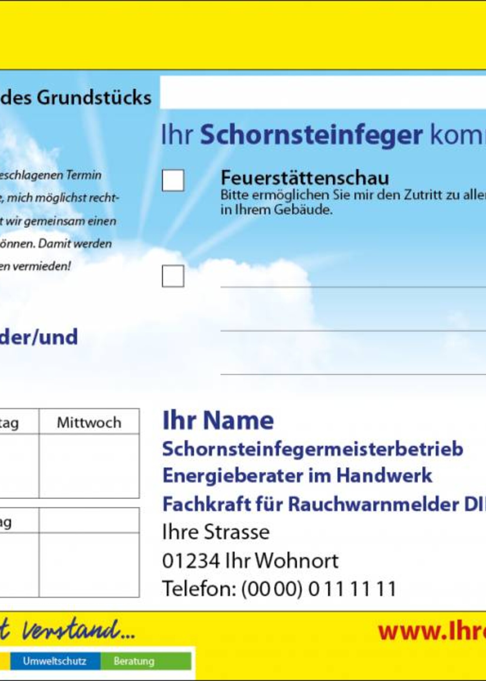 Anmeldezettel gelb Feuerstättenschau A5 quer - Schornsteinfeger / Kaminkehrer