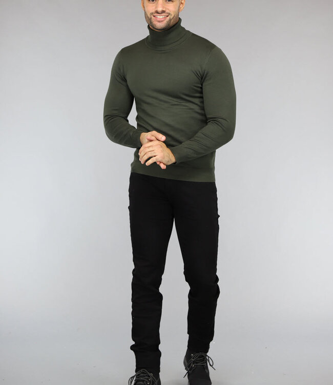 Basic Groene Heren Trui met Hoge Col