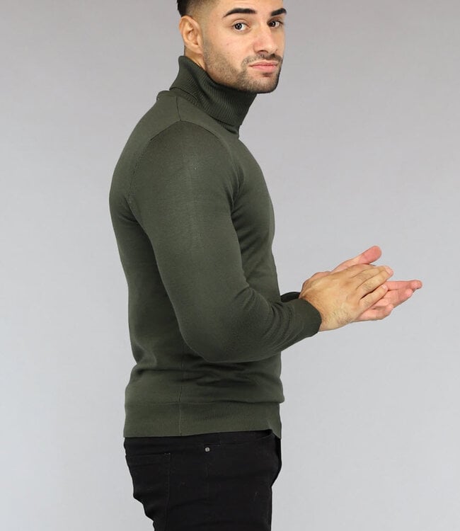 Basic Groene Heren Trui met Hoge Col