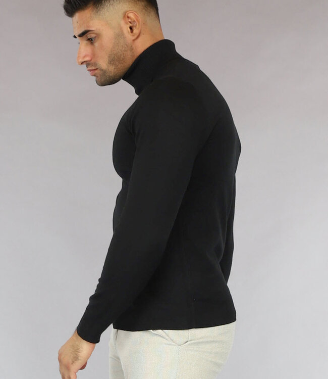 Basic Zwarte Heren Trui met Hoge Col