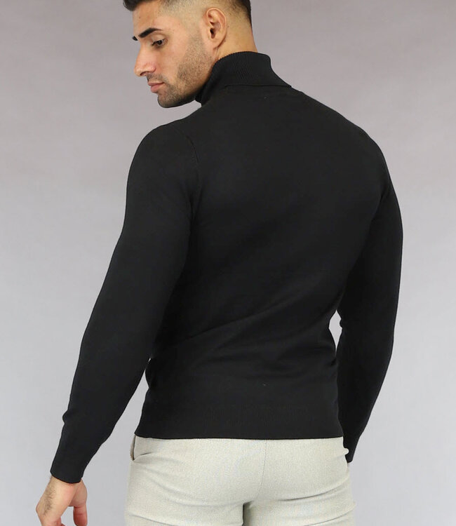 Basic Zwarte Heren Trui met Hoge Col