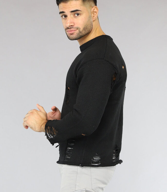 Zwarte Heren Trui met Damaged Look