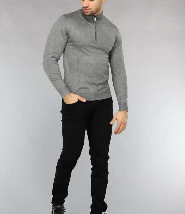 Lichtgrijze Heren Trui met Halflange Rits