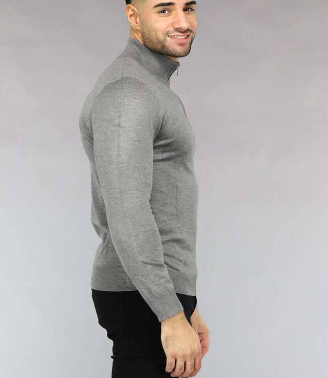 Lichtgrijze Heren Trui met Halflange Rits