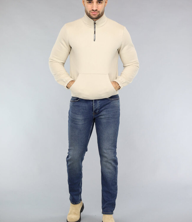 Beige Mannen Sweater met Omslag Kraag en Rits