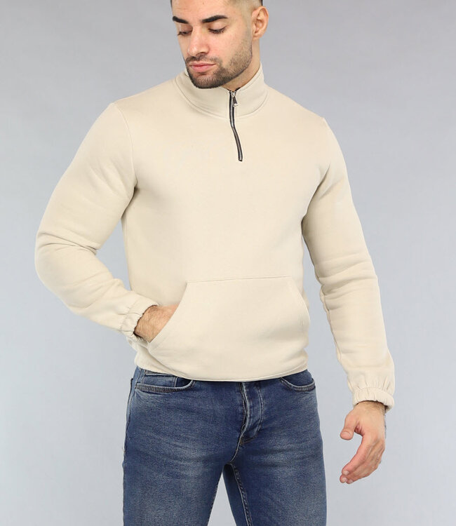 Beige Mannen Sweater met Omslag Kraag en Rits