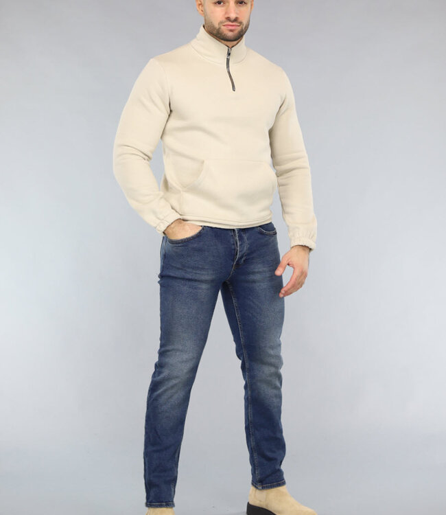 Beige Mannen Sweater met Omslag Kraag en Rits