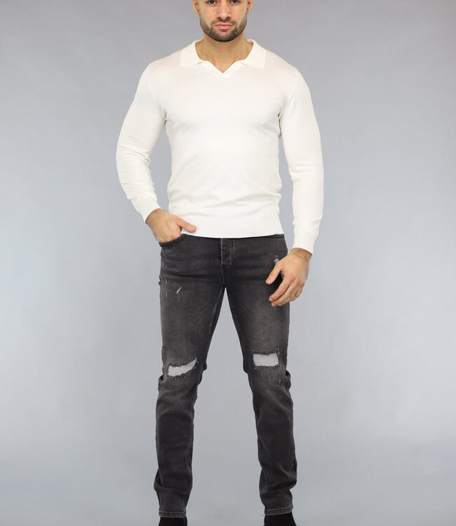 Witte Stretch Trui voor Mannen met Omgeslagen Kraag