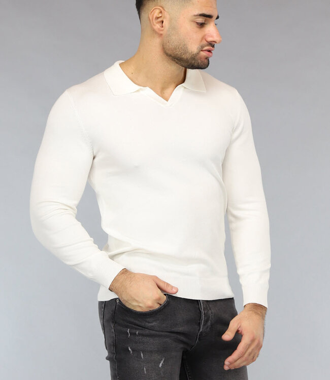 Witte Stretch Trui voor Mannen met Omgeslagen Kraag