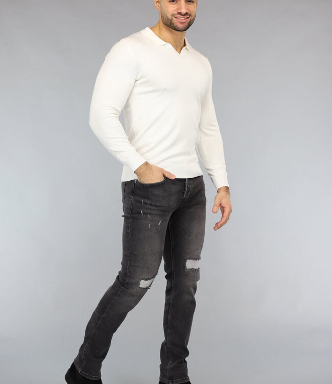 Witte Stretch Trui voor Mannen met Omgeslagen Kraag