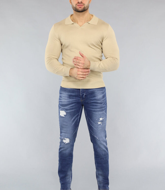 Beige Heren Stretch Trui met Kraagje