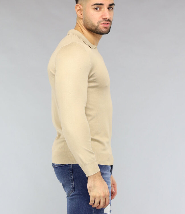 Beige Heren Stretch Trui met Kraagje