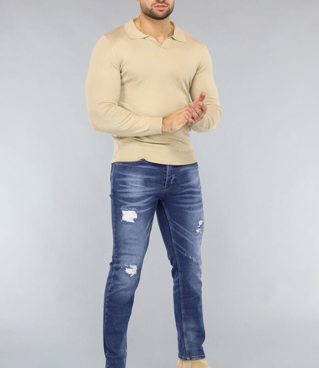 Beige Heren Stretch Trui met Kraagje