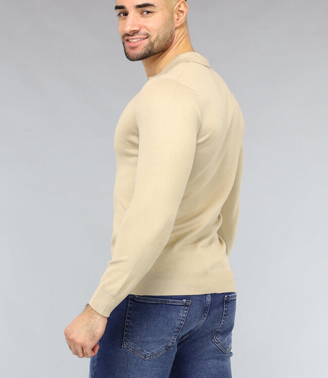 Beige Heren Stretch Trui met Kraagje
