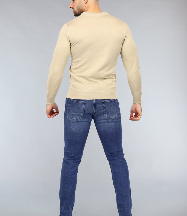 Beige Heren Stretch Trui met Kraagje