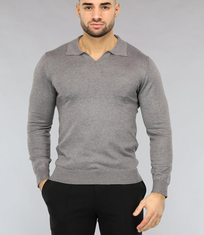 Grijze Heren Stretch Trui met Omgeslagen Kraag
