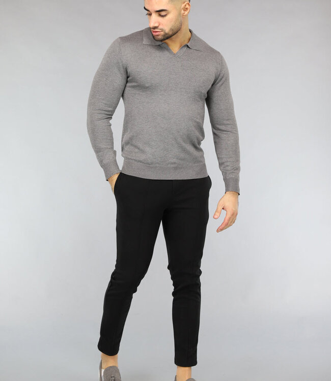 Grijze Heren Stretch Trui met Omgeslagen Kraag