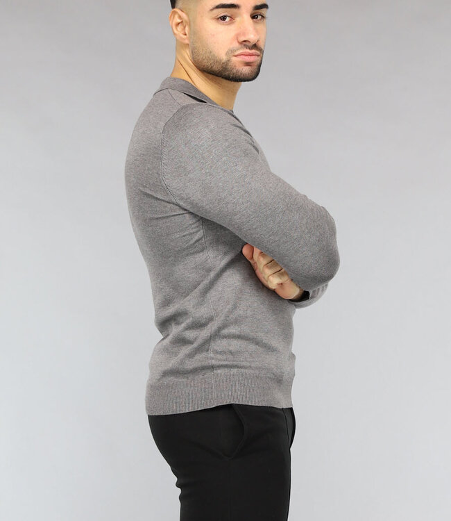 Grijze Heren Stretch Trui met Omgeslagen Kraag