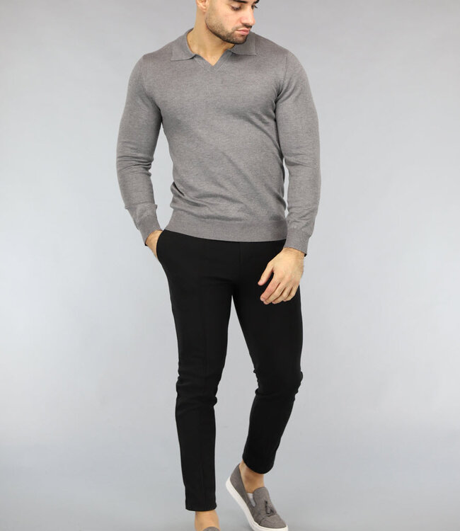 Grijze Heren Stretch Trui met Omgeslagen Kraag