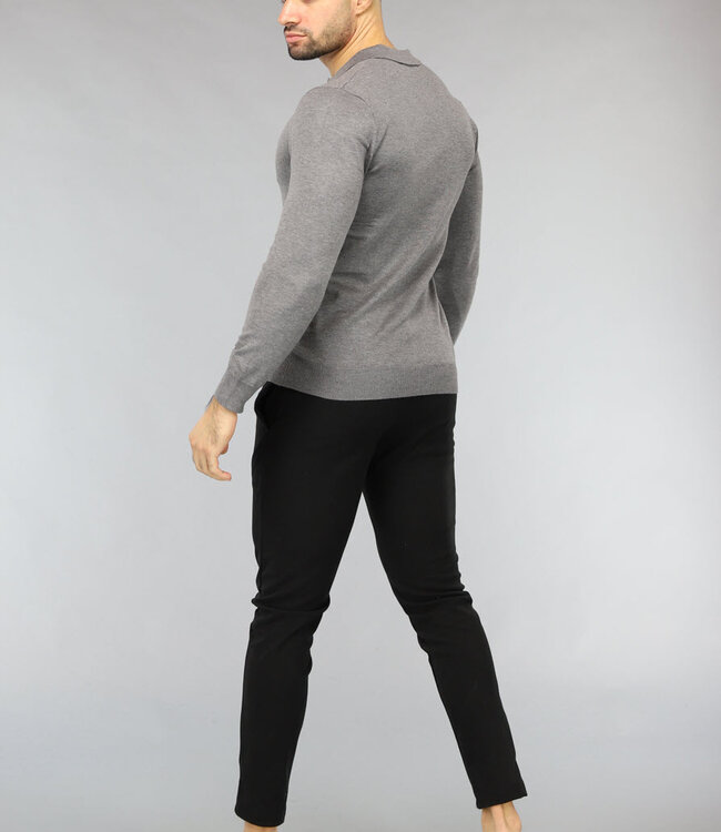 Grijze Heren Stretch Trui met Omgeslagen Kraag