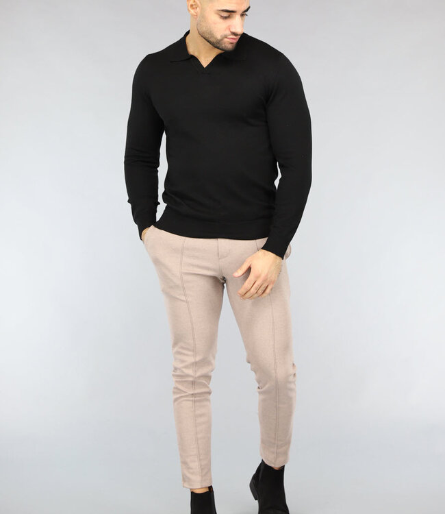 Zwarte Heren Stretch Trui met Omgeslagen Kraagje