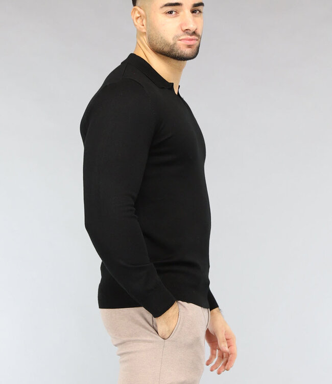 Zwarte Heren Stretch Trui met Omgeslagen Kraagje
