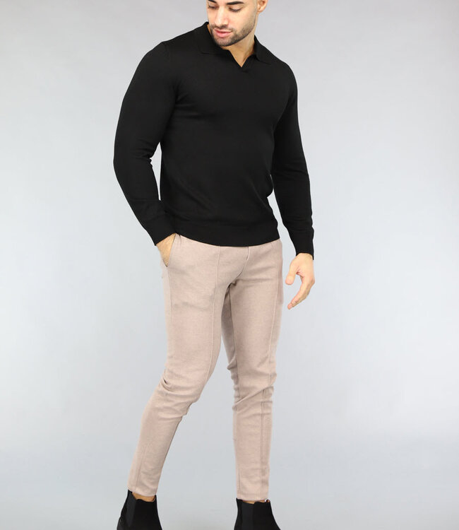 Zwarte Heren Stretch Trui met Omgeslagen Kraagje