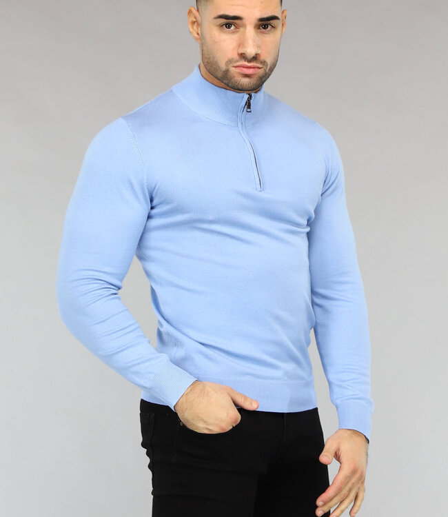 Lichtblauwe Heren Trui met Halflange Rits