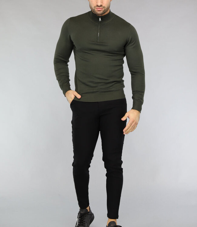 Groene Heren Trui met Halflange Rits