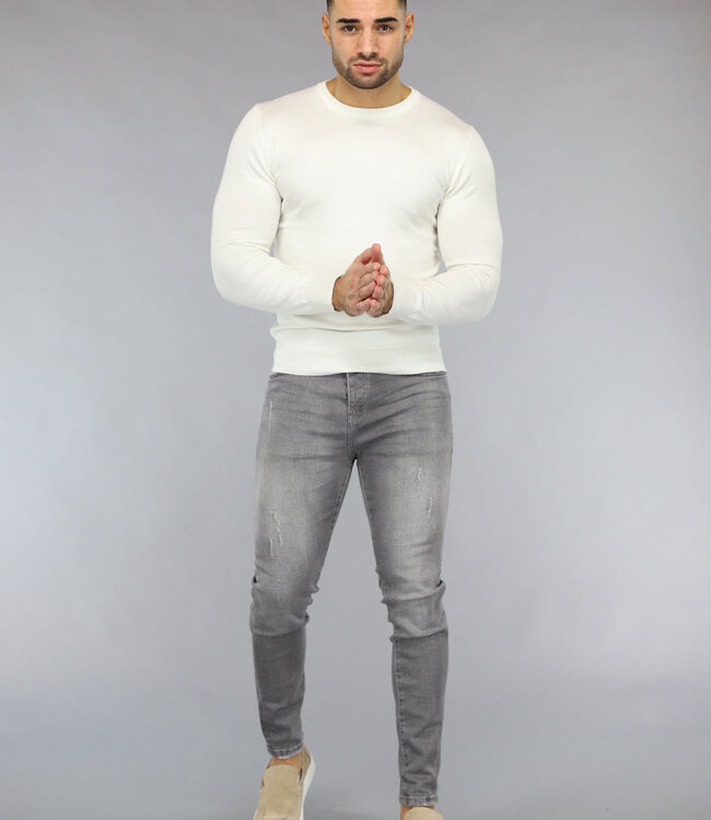 Crème Heren Pullover Trui met Ronde Hals