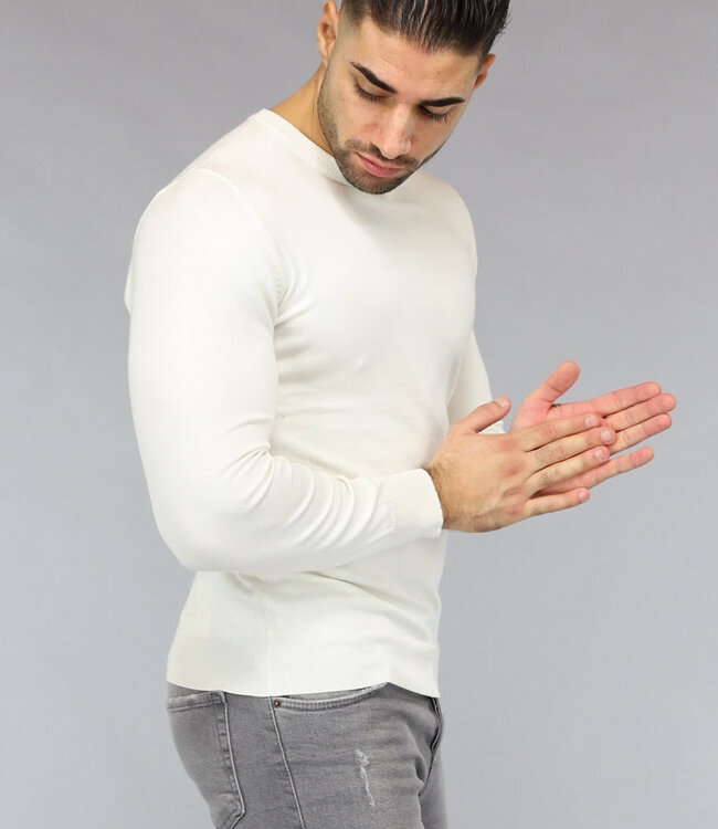 Crème Heren Pullover Trui met Ronde Hals