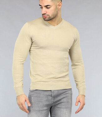 NEW2411 Gebreide Heren Pullover met V Hals in Beige
