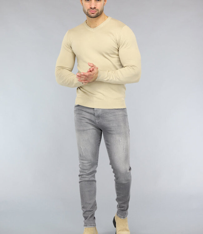 Gebreide Heren Pullover met V Hals in Beige