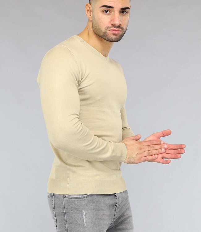 Gebreide Heren Pullover met V Hals in Beige