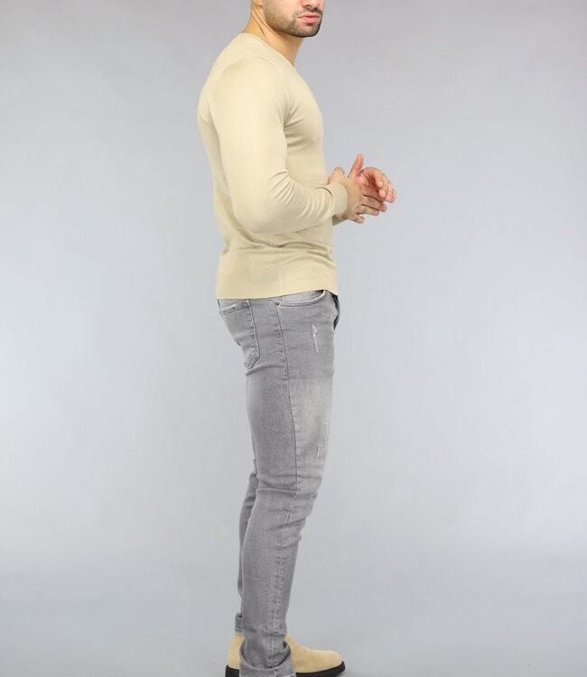 Gebreide Heren Pullover met V Hals in Beige