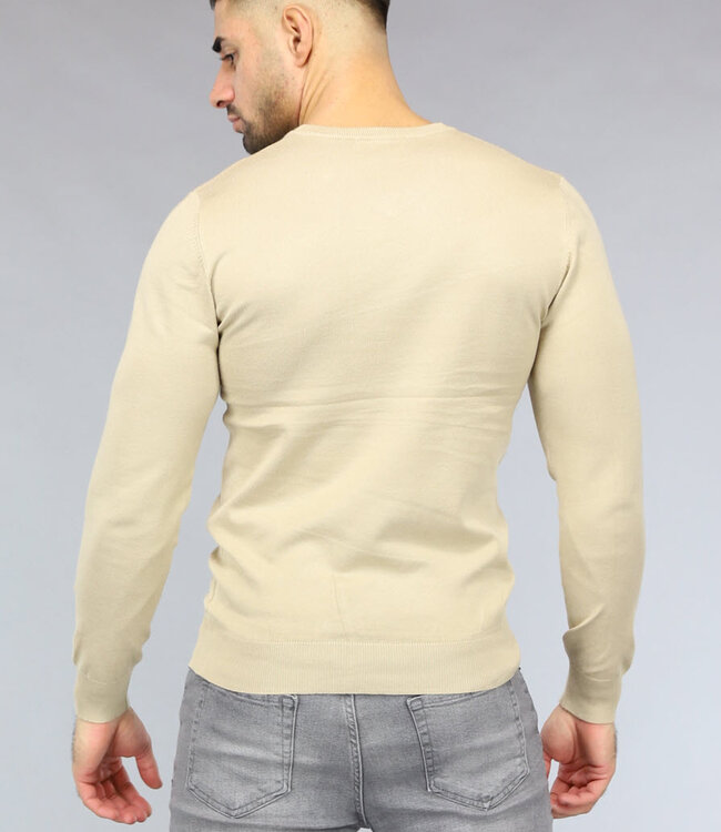 Gebreide Heren Pullover met V Hals in Beige
