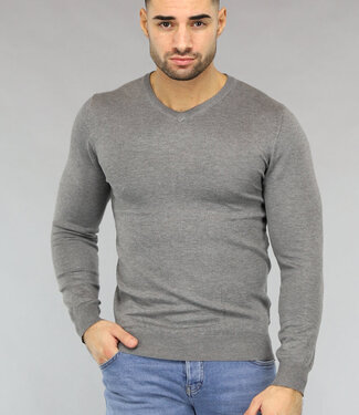 NEW2411 Gebreide Heren Pullover met V Hals in Grijs