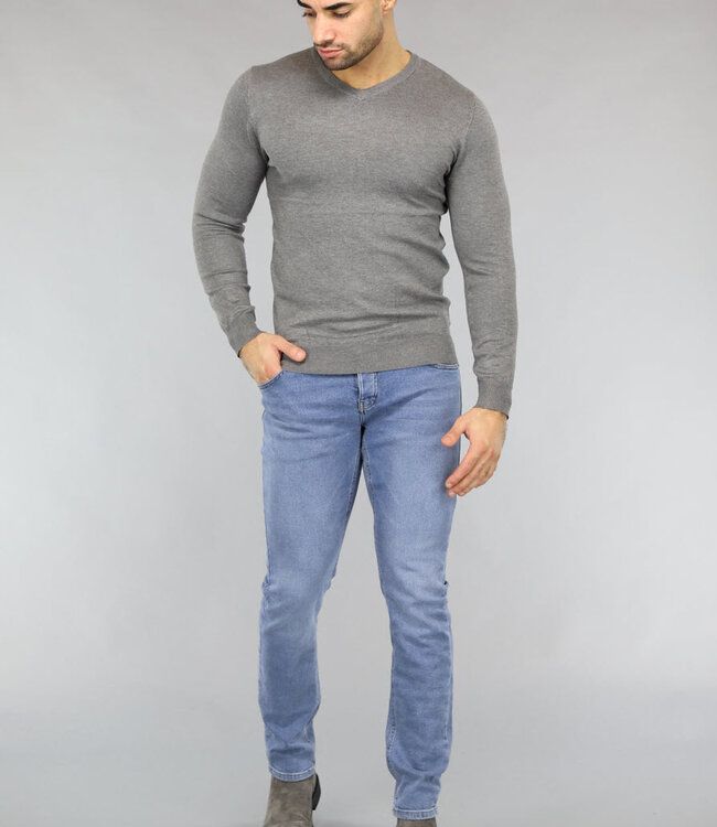 Gebreide Heren Pullover met V Hals in Grijs
