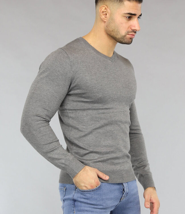 Gebreide Heren Pullover met V Hals in Grijs