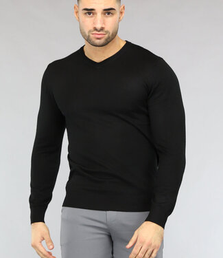 NEW2411 Gebreide Heren Pullover met V Hals in Zwart