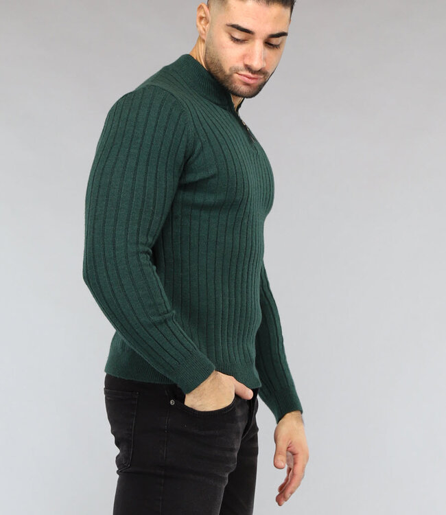 Ribgebreide Heren Jumper in Donkergroen